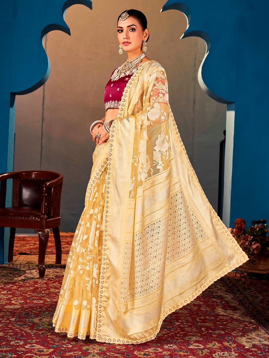 Mustard Yellow Pure Organza Saree with Digital Print and Heavy Embroidered Rani Pink Blouse