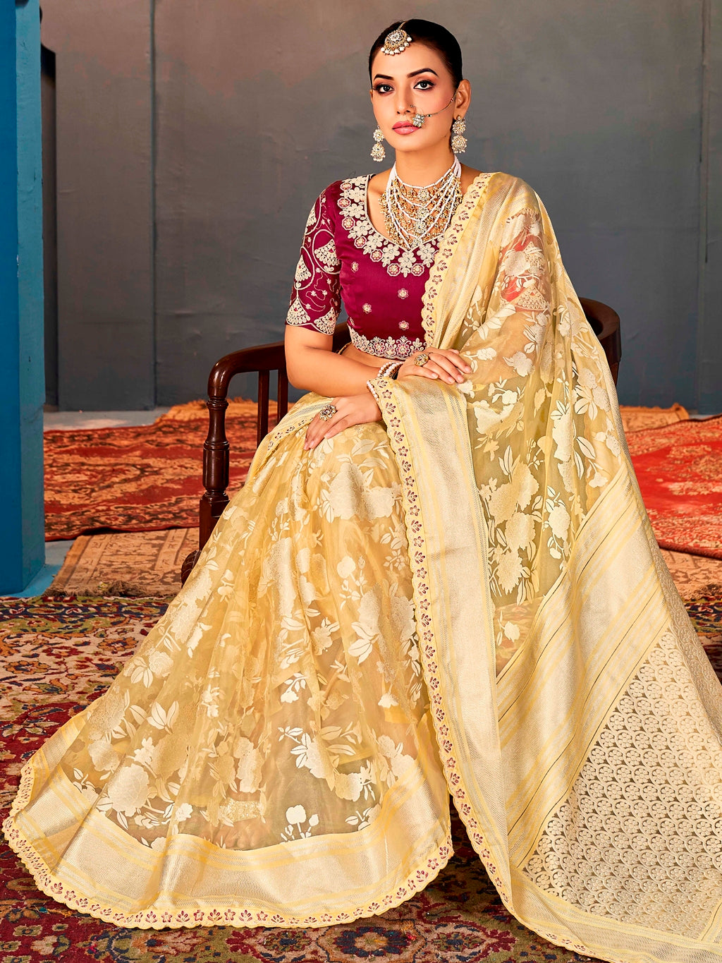 Mustard Yellow Pure Organza Saree with Digital Print and Heavy Embroidered Rani Pink Blouse