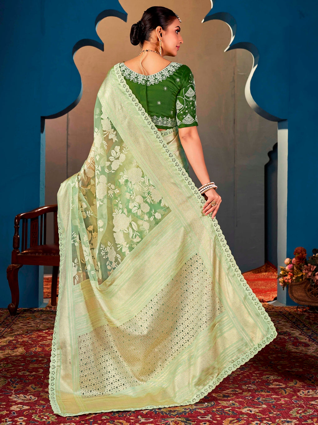 Pista Green Pure Organza Saree with Digital Floral Print and Heavy Embroidered Dark Green Blouse