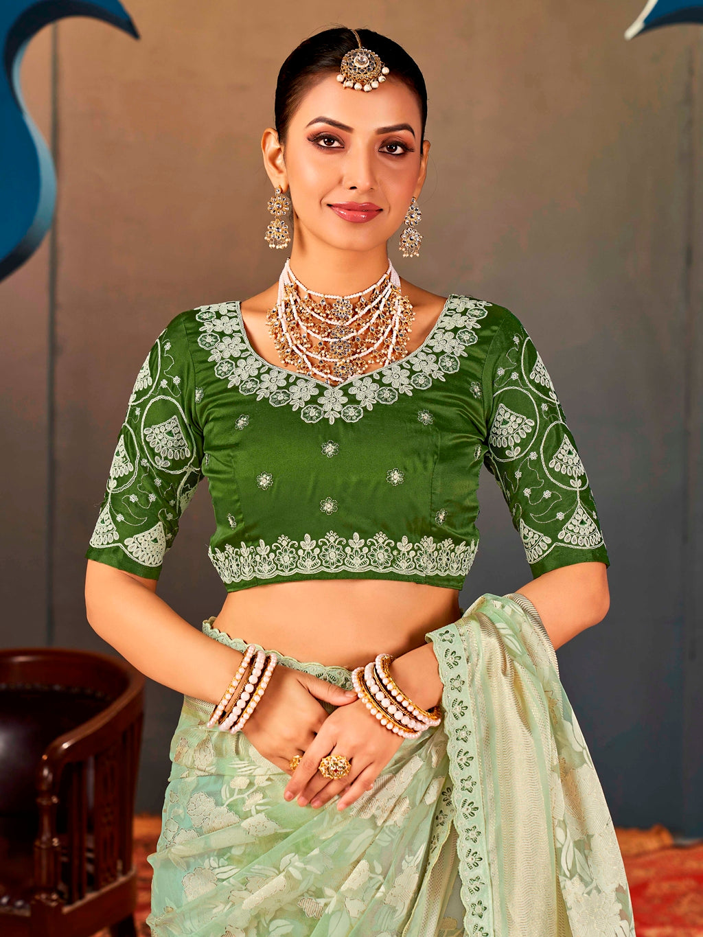 Pista Green Pure Organza Saree with Digital Floral Print and Heavy Embroidered Dark Green Blouse