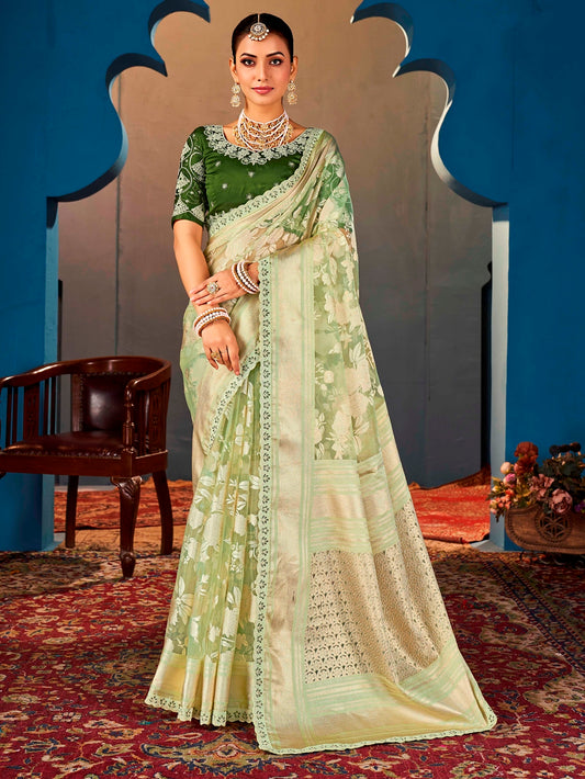 Pista Green Pure Organza Saree with Digital Floral Print and Heavy Embroidered Dark Green Blouse