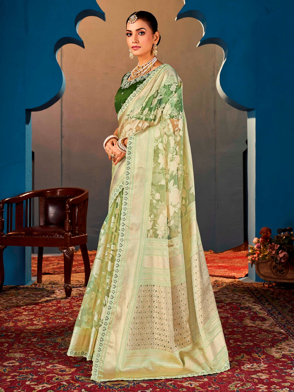 Pista Green Pure Organza Saree with Digital Floral Print and Heavy Embroidered Dark Green Blouse