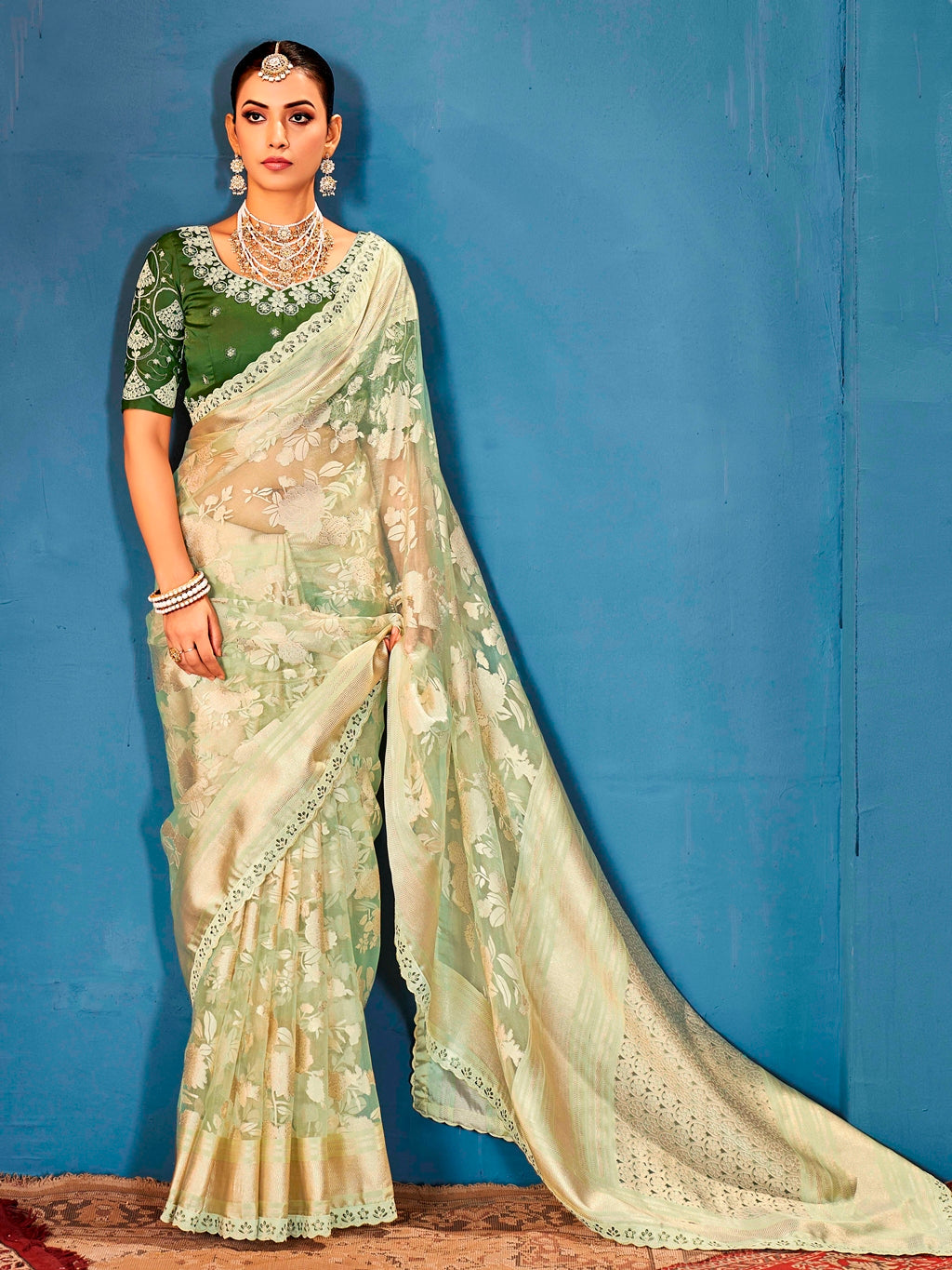 Pista Green Pure Organza Saree with Digital Floral Print and Heavy Embroidered Dark Green Blouse