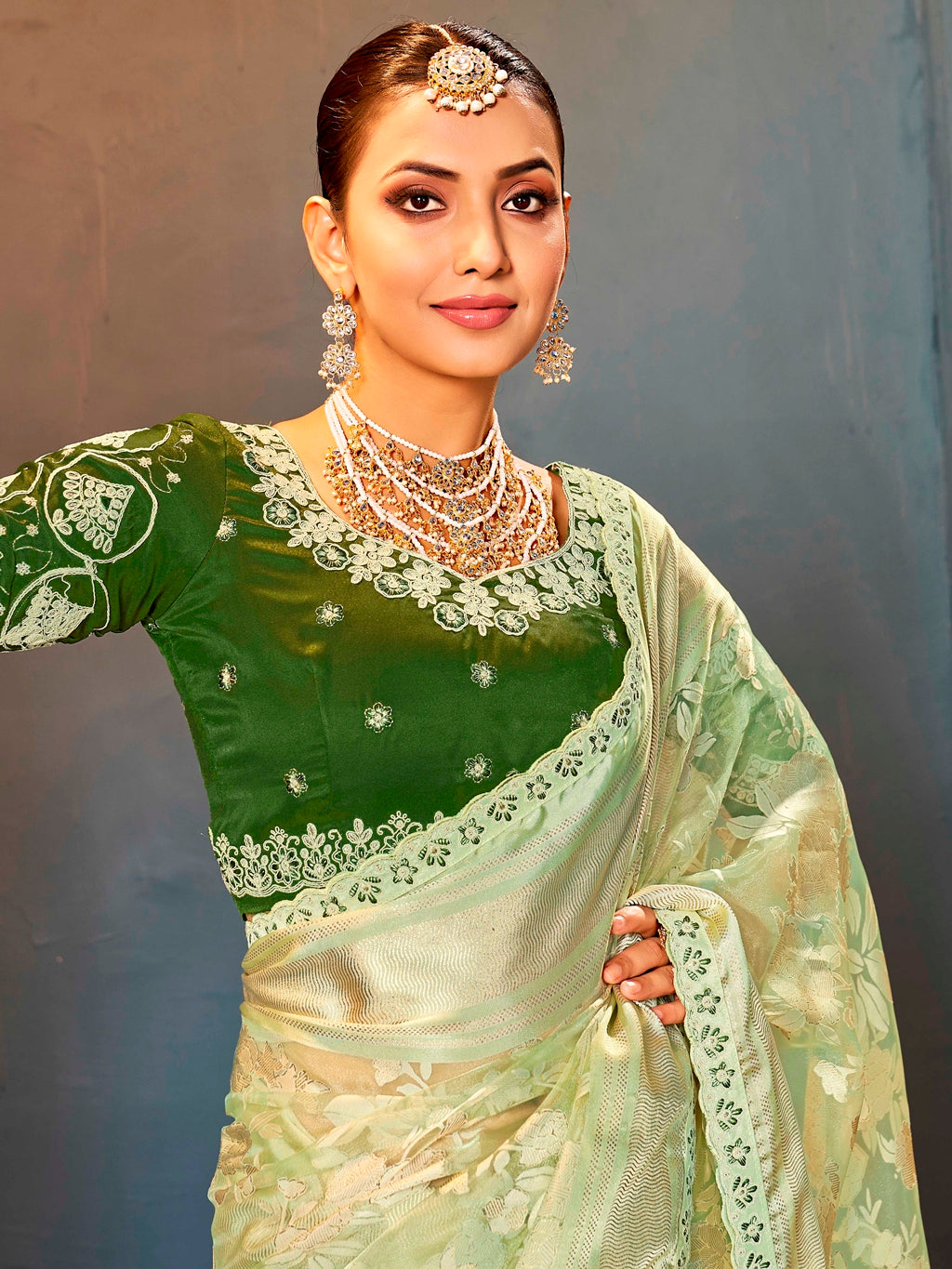 Pista Green Pure Organza Saree with Digital Floral Print and Heavy Embroidered Dark Green Blouse