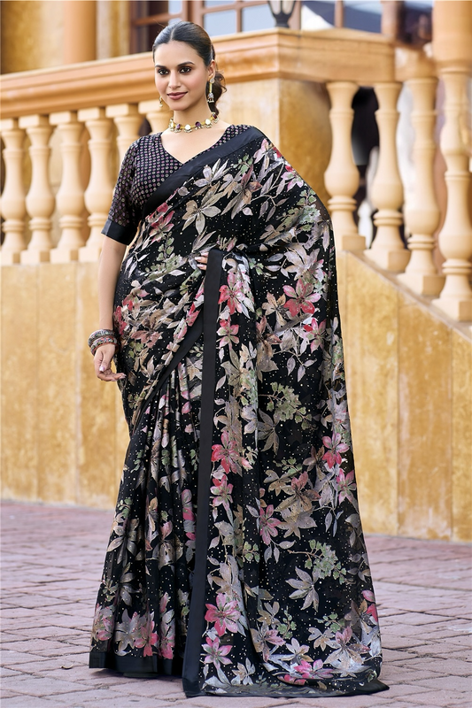 Elegant Black Floral Pure Brasso Saree with Sequin Detailing – Party Wear Lightweight Saree with Matching Blouse Piece