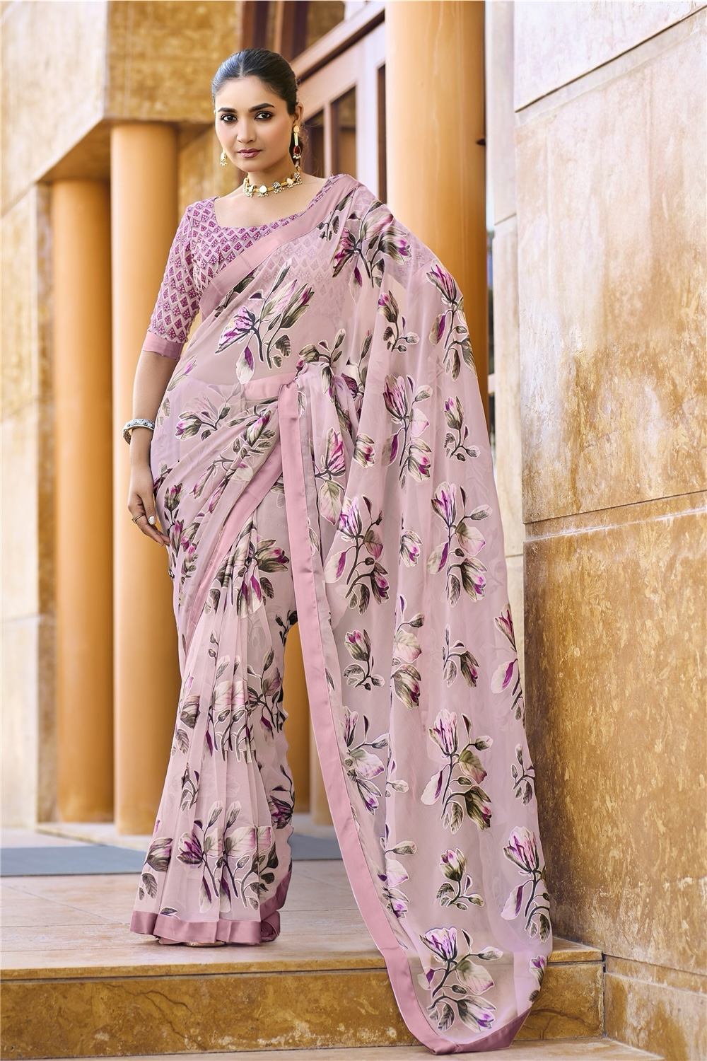 Soft Pink Floral Pure Brasso Saree with Printed Blouse – Lightweight Everyday & Party Wear Saree