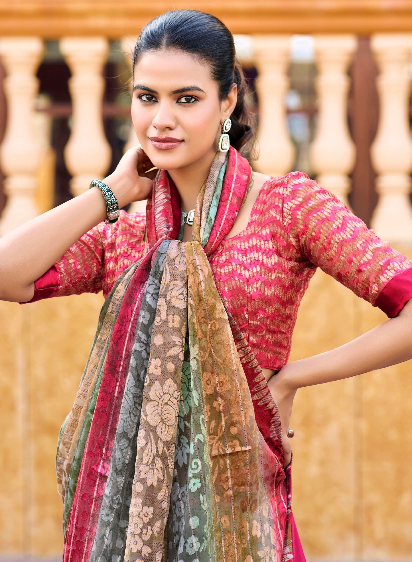 Multicolor Striped Floral Pure Brasso Saree with Contrast Maroon Border – Festive Party Wear Lightweight Saree with Matching Designer Blouse Piece