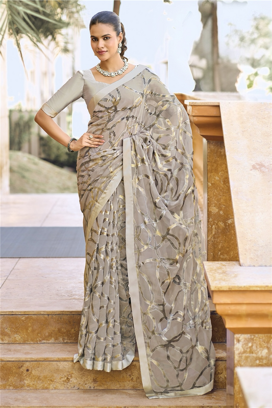 Elegant Grey Abstract Metallic Pure Brasso Saree with Solid Border – Stylish Party & Office Wear Saree with Matching Designer Blouse Piece
