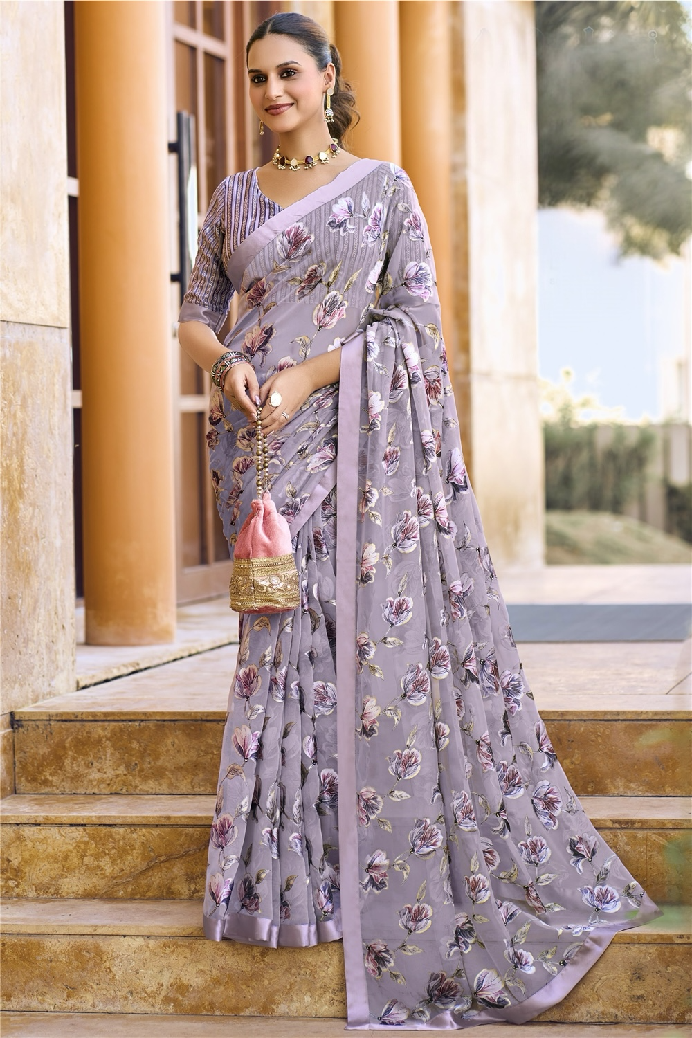 Lavender Grey Floral Pure Brasso Saree with Satin Border – Elegant Festive & Party Wear Saree with Matching Designer Blouse Piece