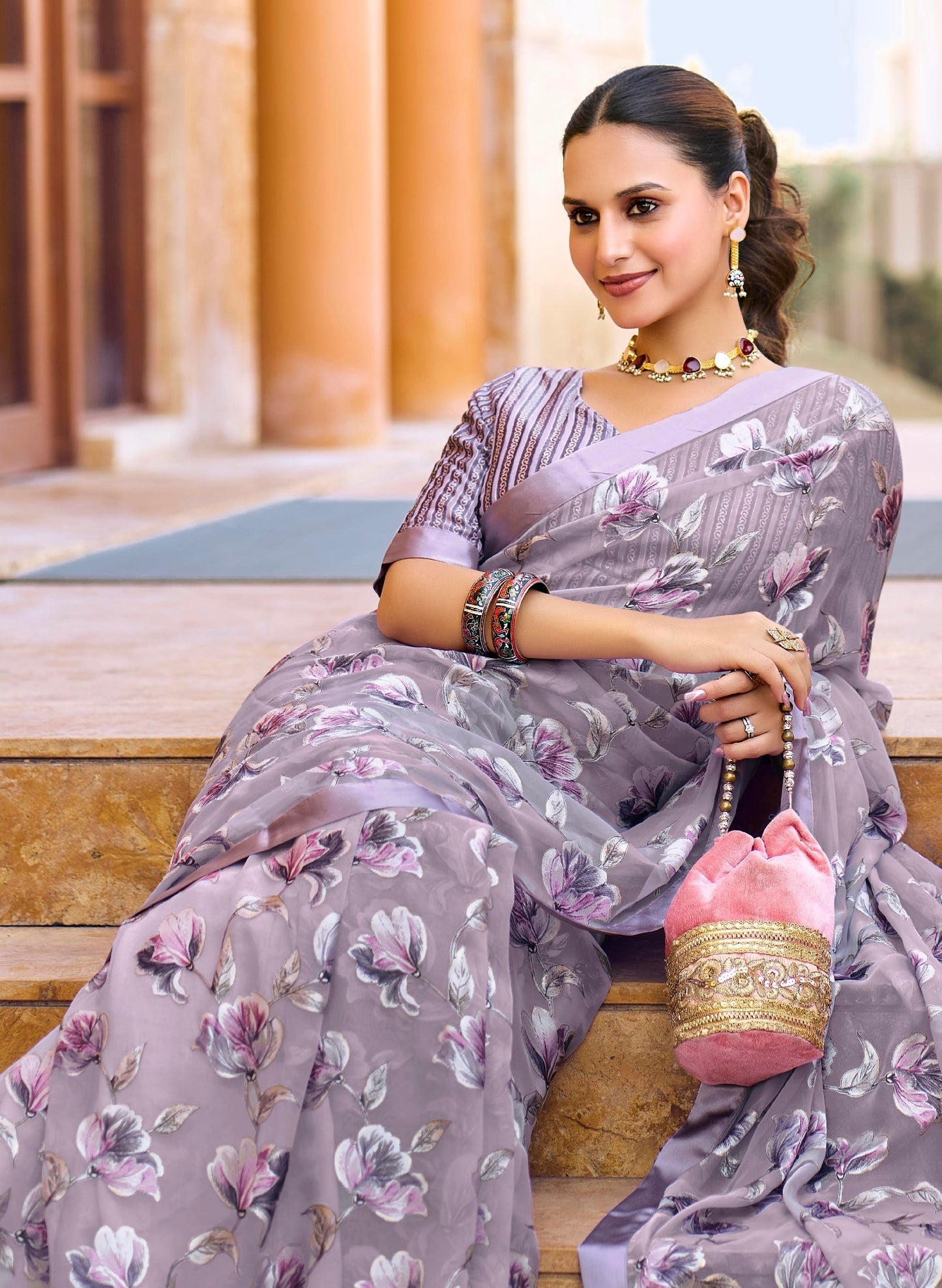 Lavender Grey Floral Pure Brasso Saree with Satin Border – Elegant Festive & Party Wear Saree with Matching Designer Blouse Piece