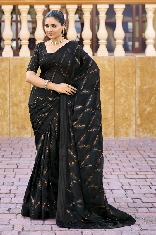 Black Abstract Pure Brasso Saree with Solid Pleats Border – Stylish Everyday & Party Wear Saree with Matching Blouse Piece