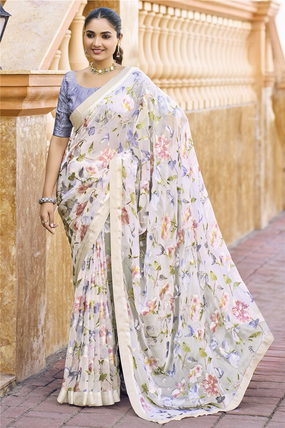 Pastel Cream Floral Pure Brasso Saree with Contrast Blouse – Lightweight Festive & Day Party Wear Saree with Matching Blouse Piece