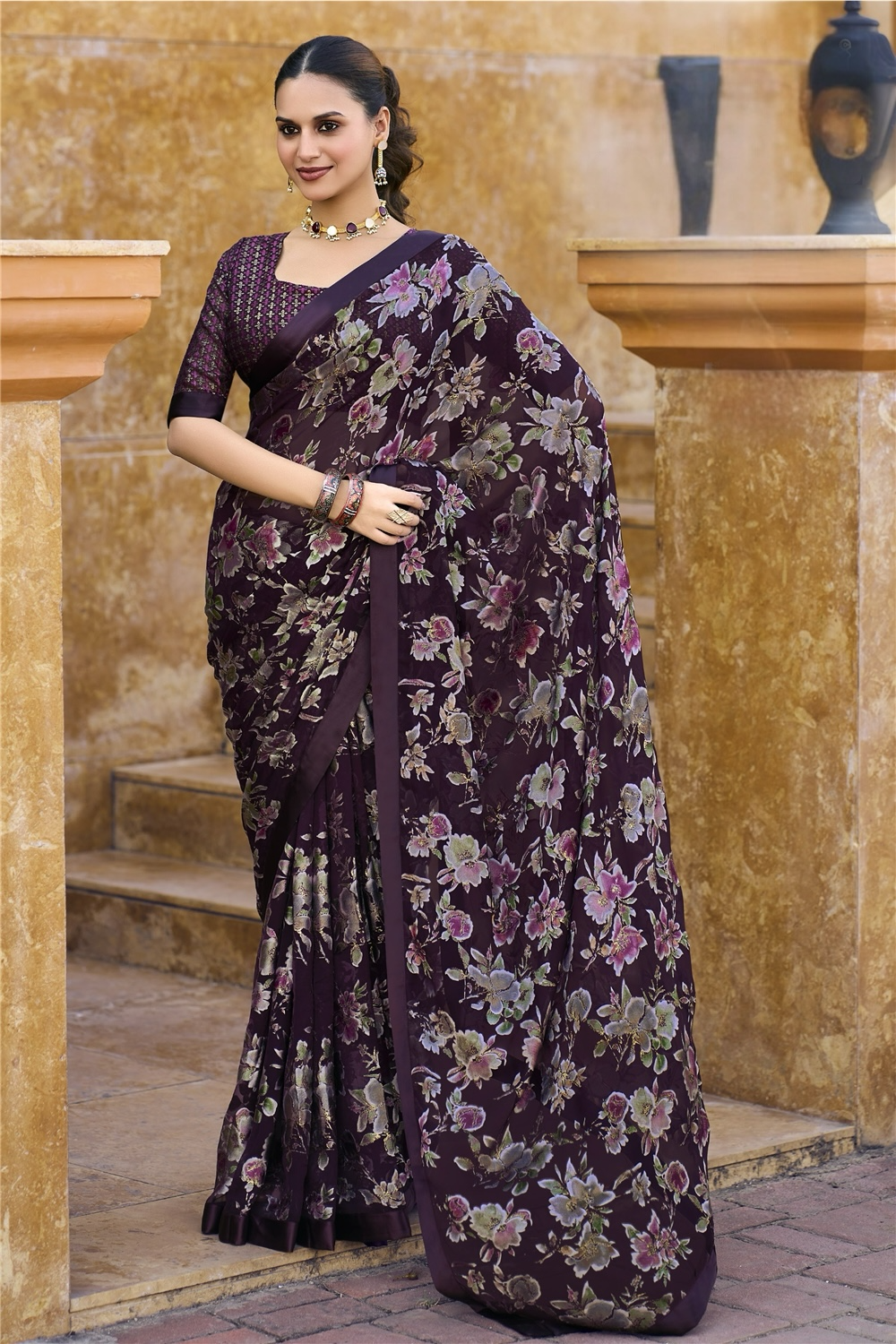 Plum Purple Floral Pure Brasso Saree with Solid Border – Premium Festive & Party Wear Saree with Matching Designer Blouse Piece