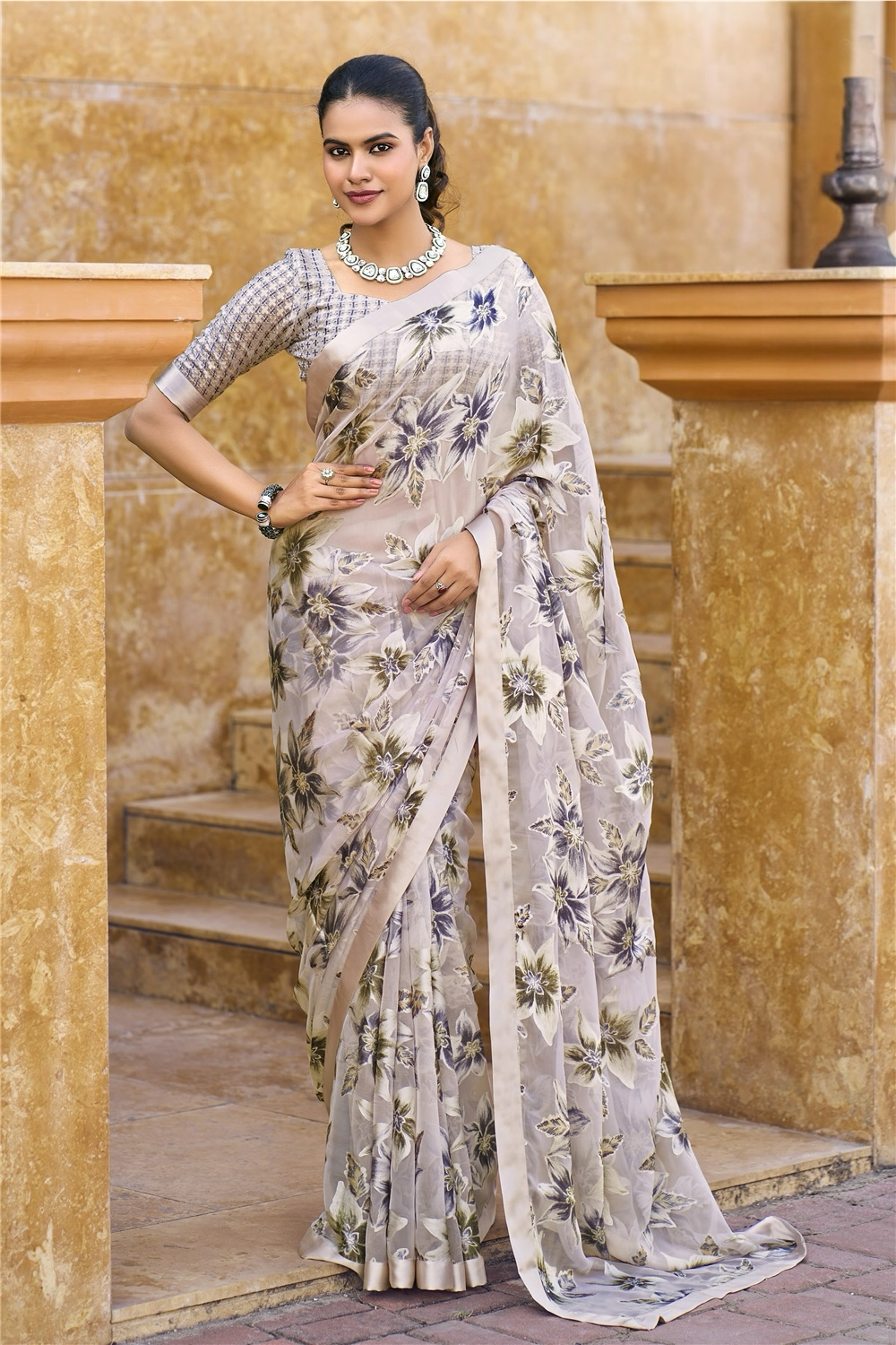 Beige Floral Pure Brasso Saree with Satin Border – Elegant Festive & Office Wear Saree with Matching Designer Blouse Piece