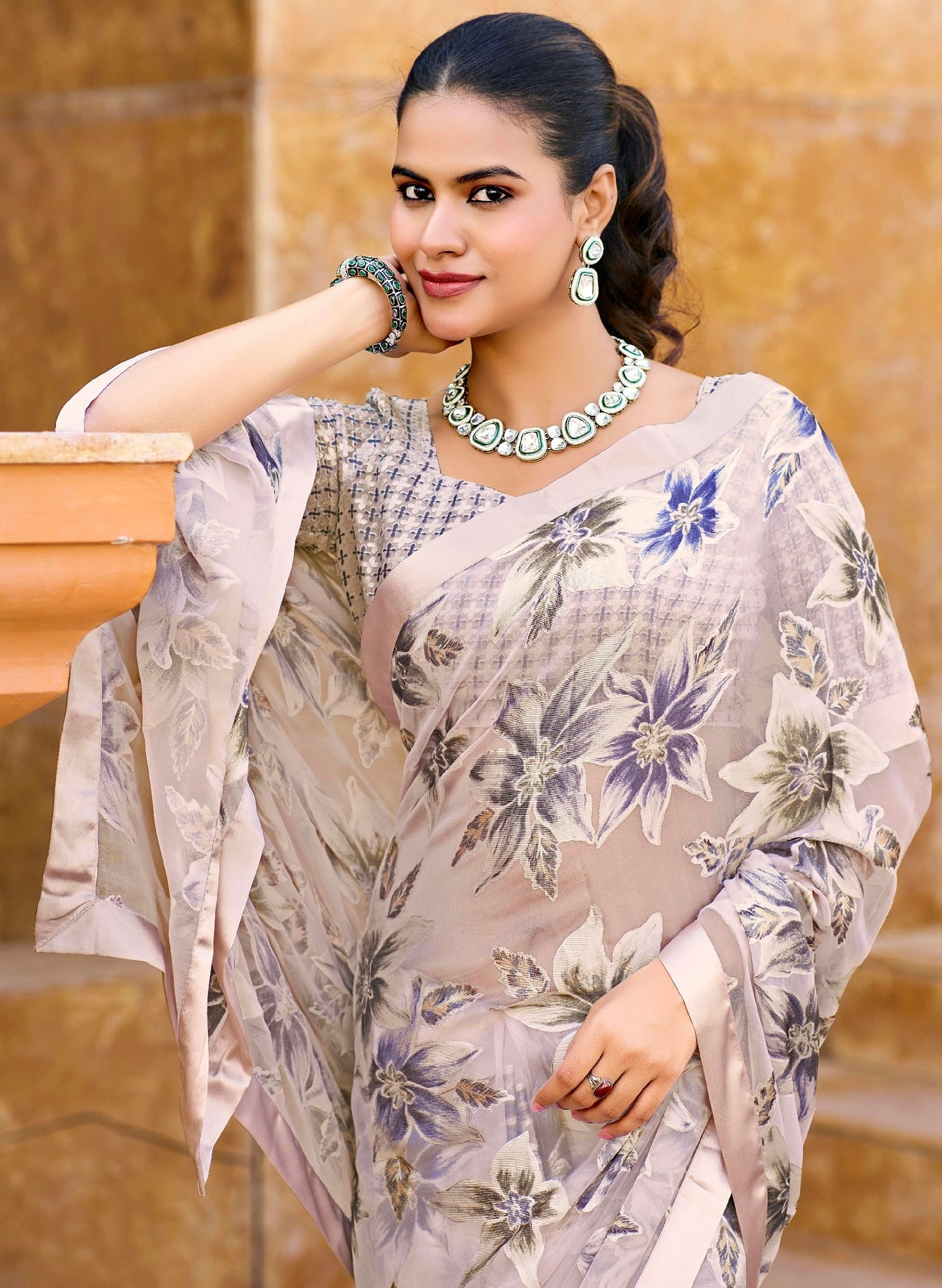 Beige Floral Pure Brasso Saree with Satin Border – Elegant Festive & Office Wear Saree with Matching Designer Blouse Piece