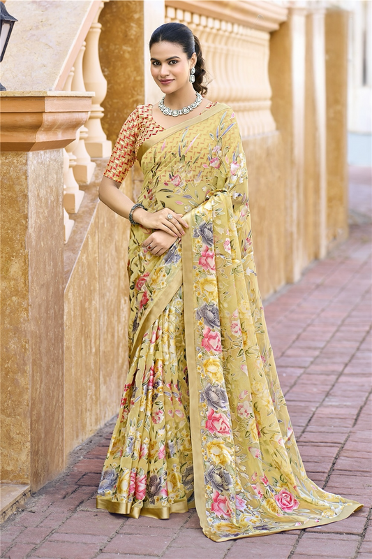 Pale Yellow Floral Pure Brasso Saree with Satin Border – Vibrant Festive & Wedding Wear Saree with Matching Designer Blouse Piece