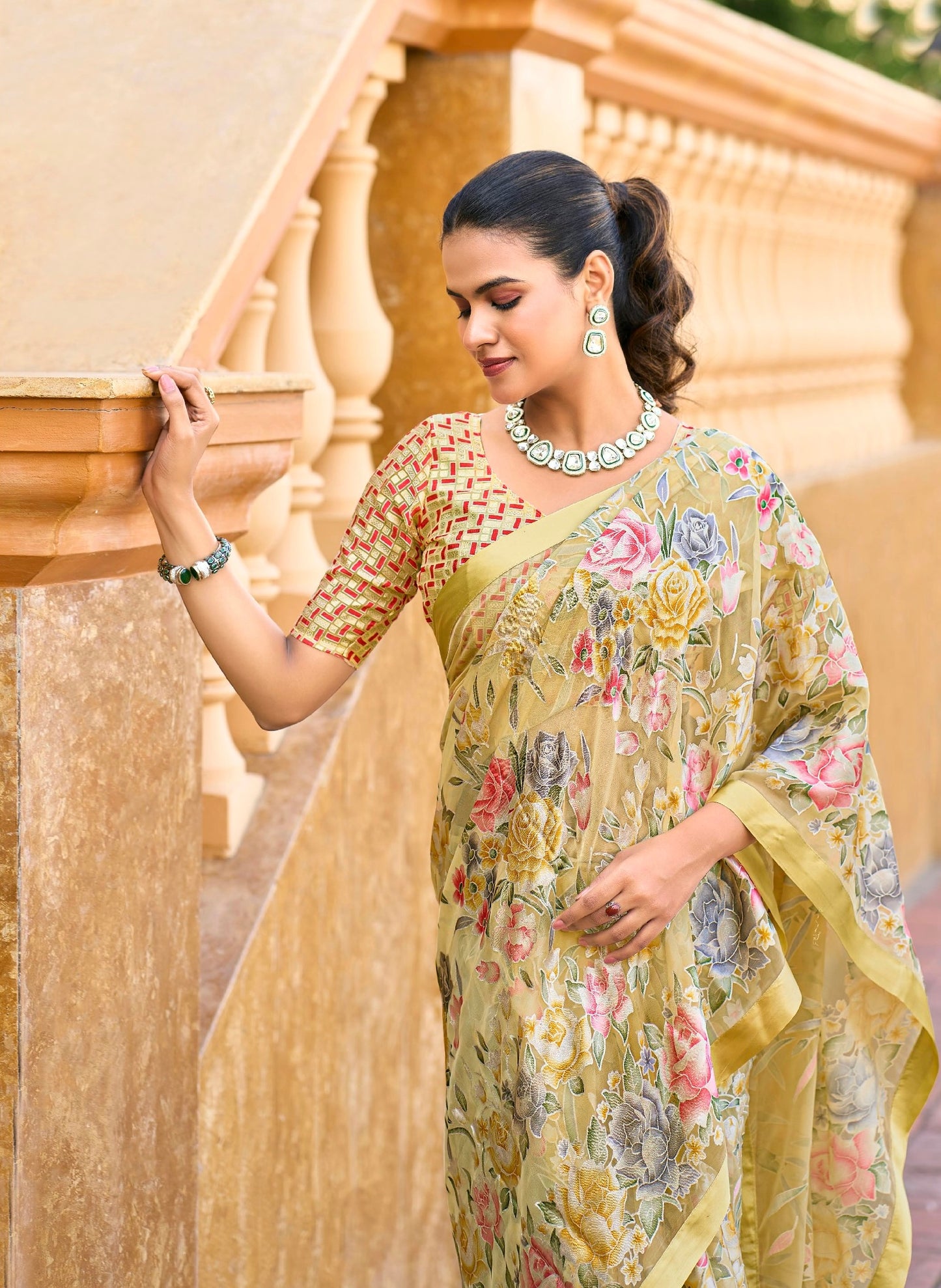 Pale Yellow Floral Pure Brasso Saree with Satin Border – Vibrant Festive & Wedding Wear Saree with Matching Designer Blouse Piece