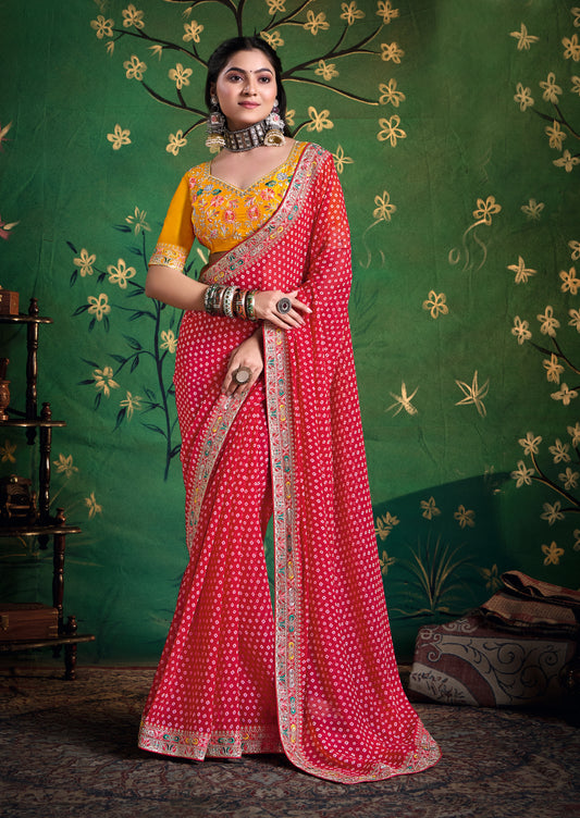 Pure Bamber Georgette Bandhej Saree with Deep Pink Combination and Hand Work Multicolored Zardozi Border with Heavy Contrast Embroidered blouse