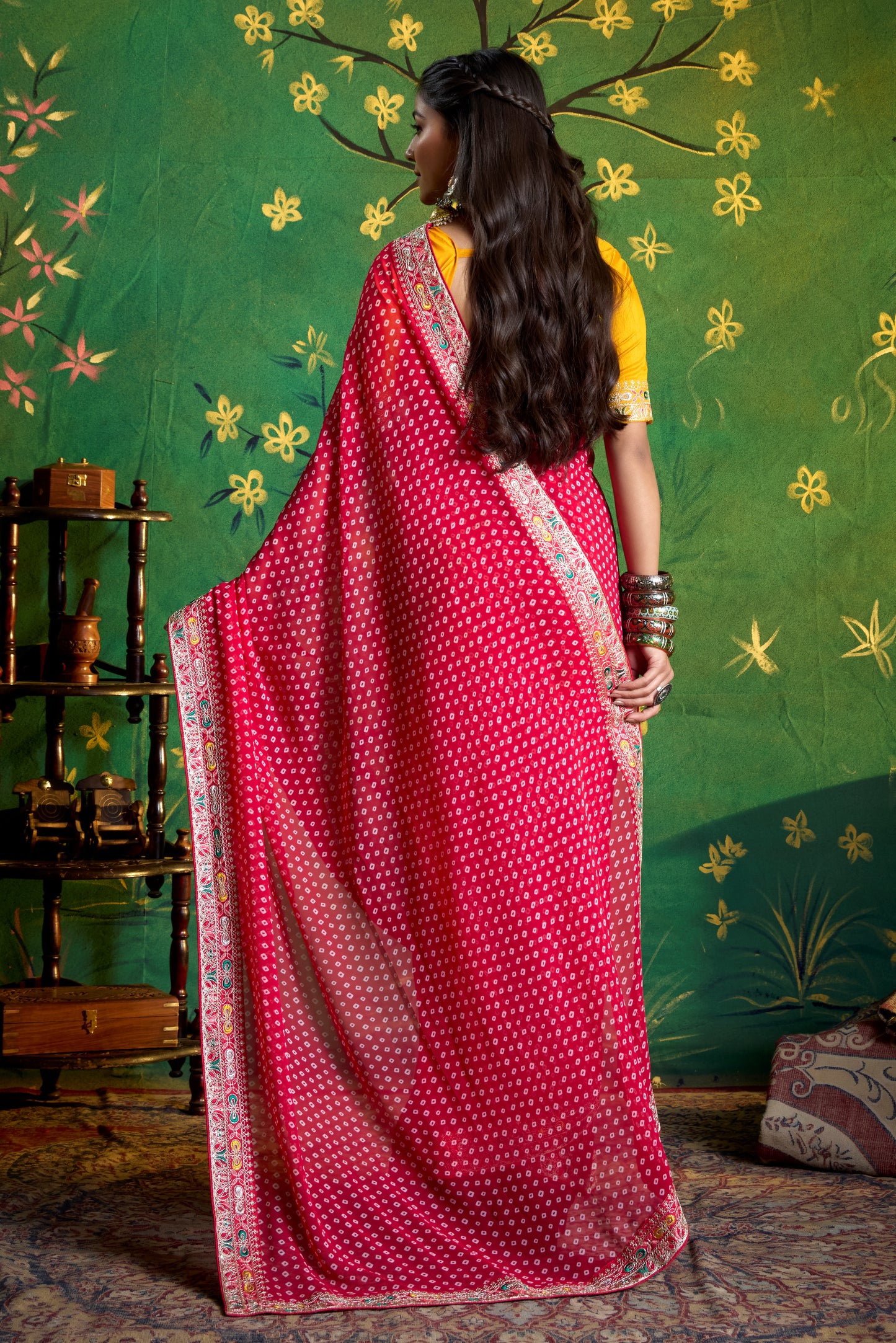 Pure Bamber Georgette Bandhej Saree with Deep Pink Combination and Hand Work Multicolored Zardozi Border with Heavy Contrast Embroidered blouse
