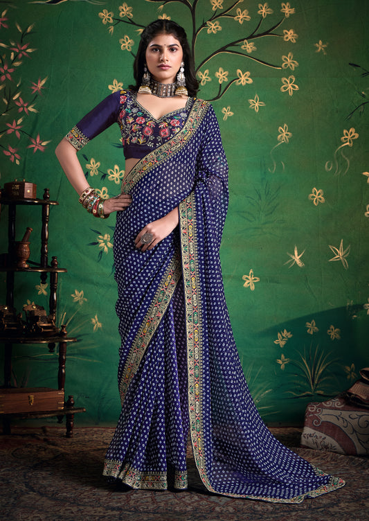 Pure Bamber Georgette Bandhej Saree with Deep Purple Combination and Hand Work Multicolored Zardozi Border with Heavy Contrast Embroidered blouse