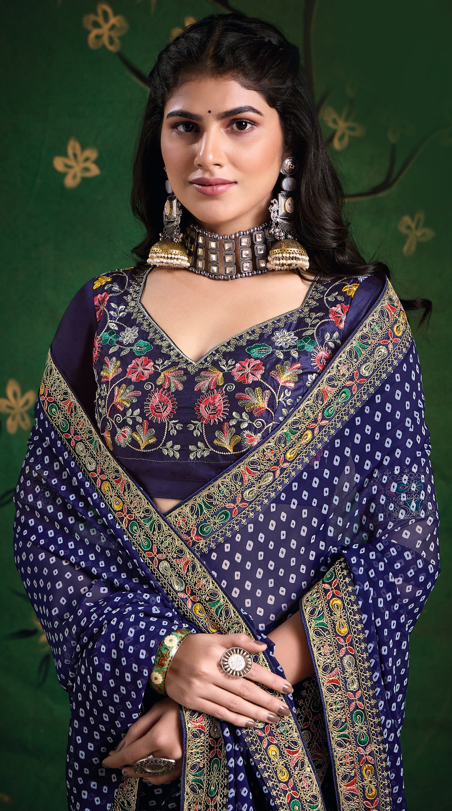 Pure Bamber Georgette Bandhej Saree with Deep Purple Combination and Hand Work Multicolored Zardozi Border with Heavy Contrast Embroidered blouse