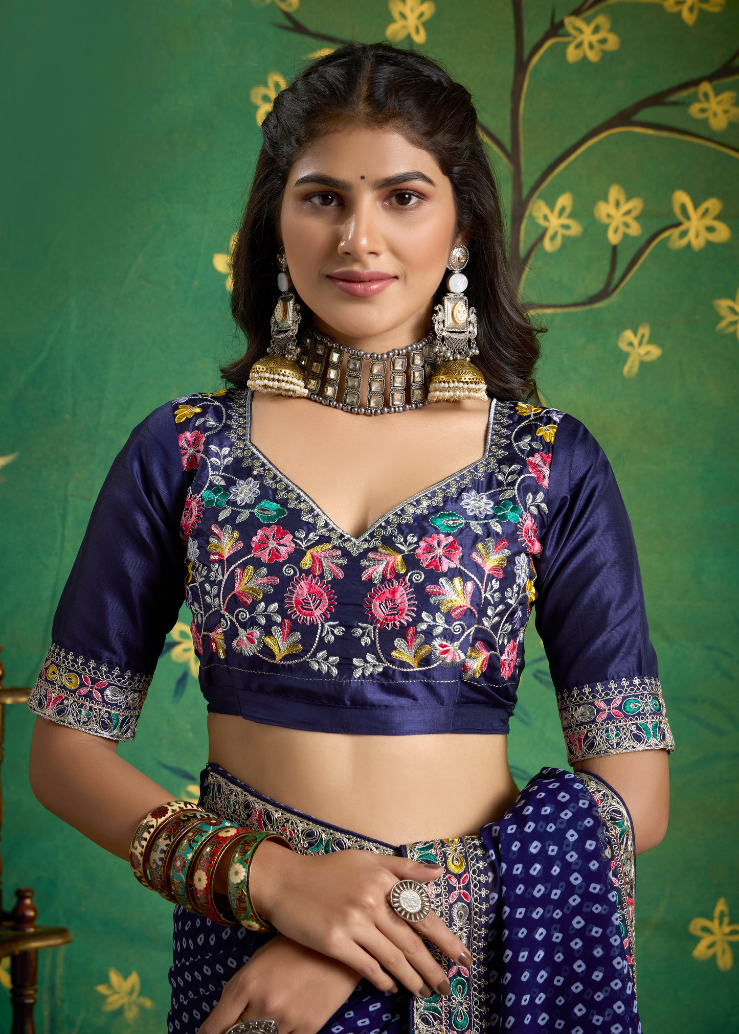 Pure Bamber Georgette Bandhej Saree with Deep Purple Combination and Hand Work Multicolored Zardozi Border with Heavy Contrast Embroidered blouse