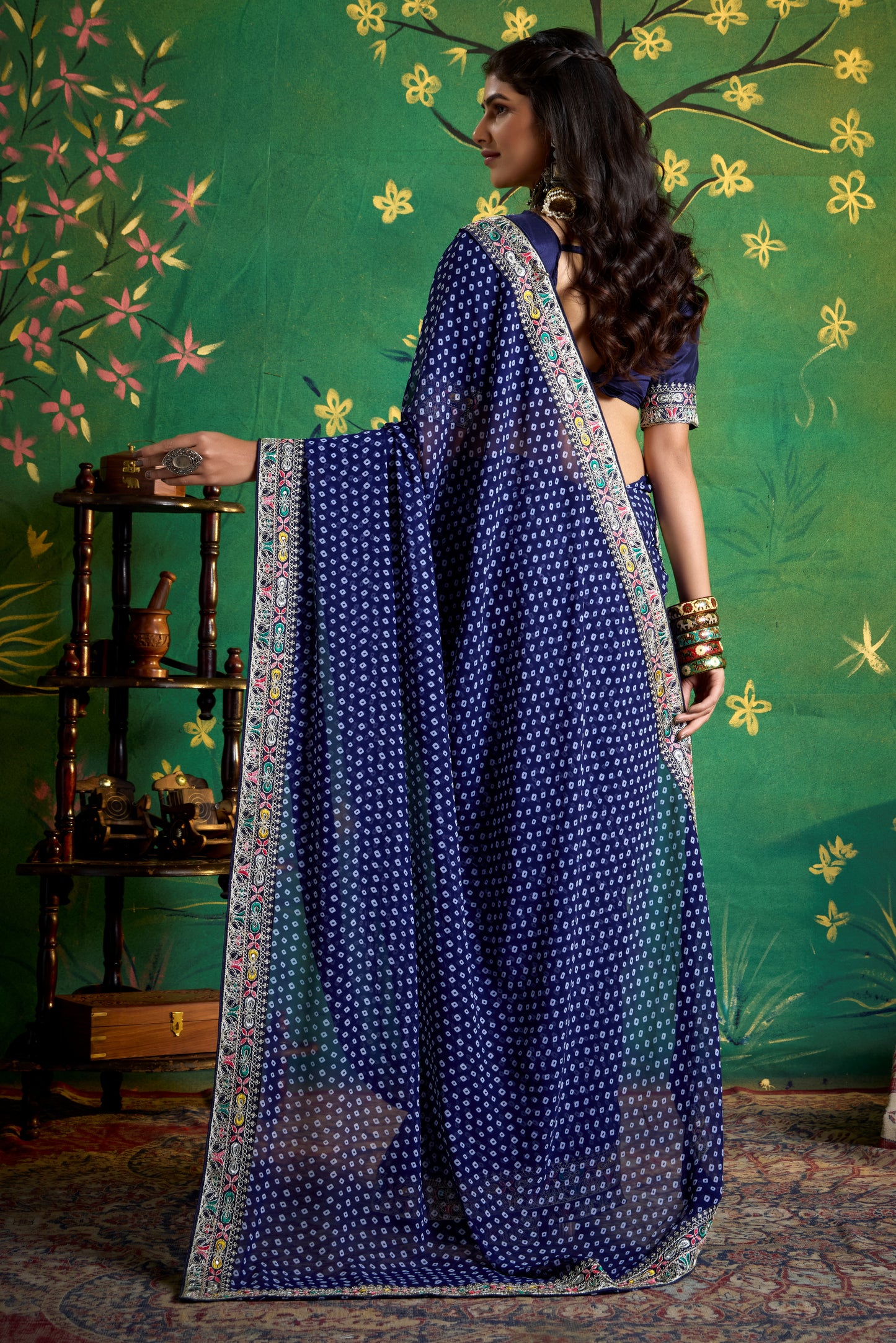 Pure Bamber Georgette Bandhej Saree with Deep Purple Combination and Hand Work Multicolored Zardozi Border with Heavy Contrast Embroidered blouse