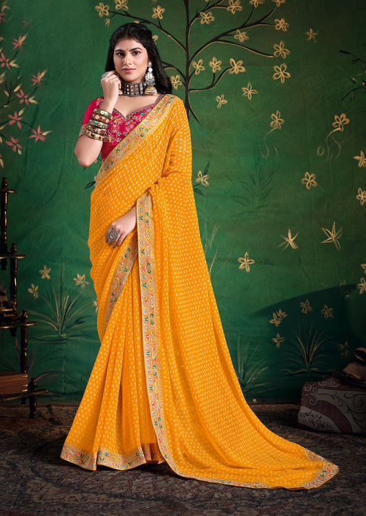 Pure Bamber Georgette Bandhej Saree with Bright Yellow with Deep Pink Combination and Hand Work Multicolored Zardozi Border with Heavy Contrast Embroidered blouse