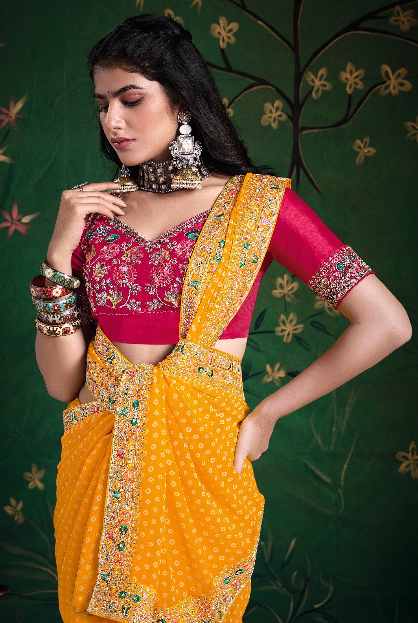 Pure Bamber Georgette Bandhej Saree with Bright Yellow with Deep Pink Combination and Hand Work Multicolored Zardozi Border with Heavy Contrast Embroidered blouse