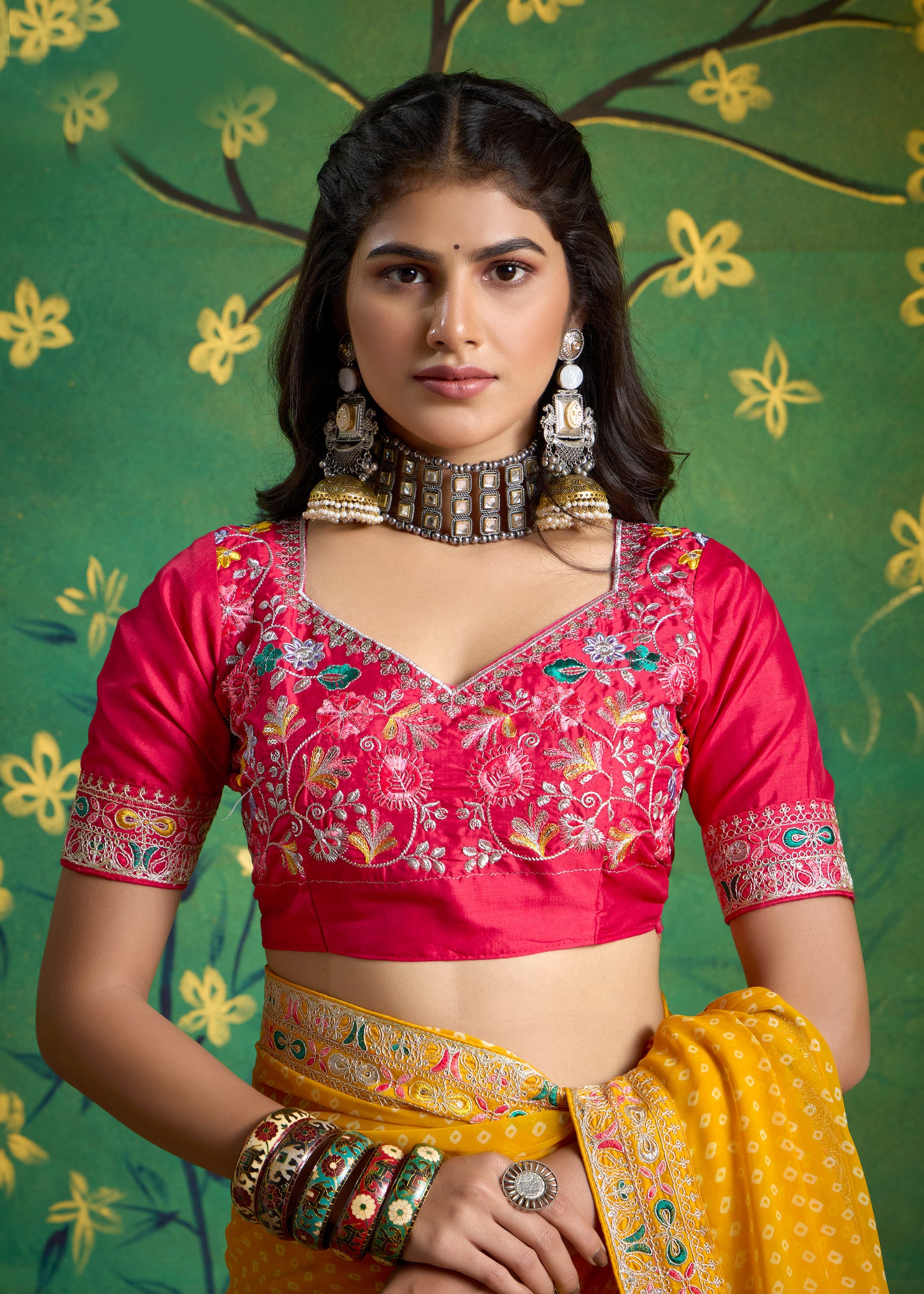 Pure Bamber Georgette Bandhej Saree with Bright Yellow with Deep Pink Combination and Hand Work Multicolored Zardozi Border with Heavy Contrast Embroidered blouse