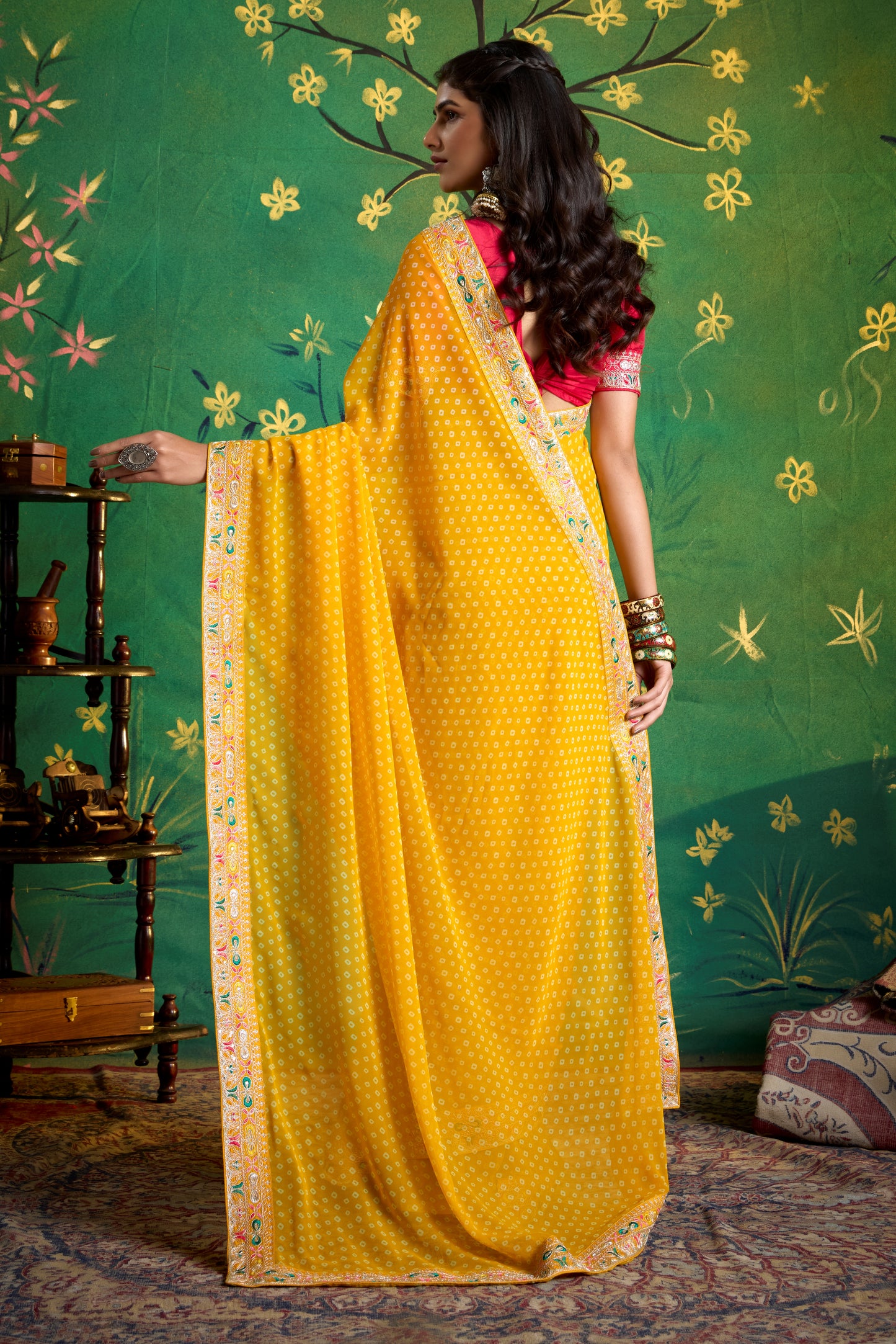 Pure Bamber Georgette Bandhej Saree with Bright Yellow with Deep Pink Combination and Hand Work Multicolored Zardozi Border with Heavy Contrast Embroidered blouse