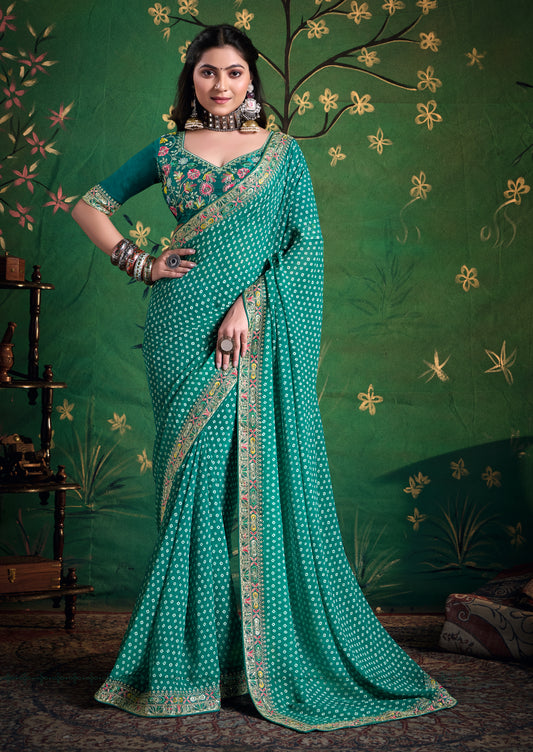 Pure Bamber Georgette Bandhej Saree with Deep Sea Green Combination and Hand Work Multicolored Zardozi Border with Heavy Contrast Embroidered blouse