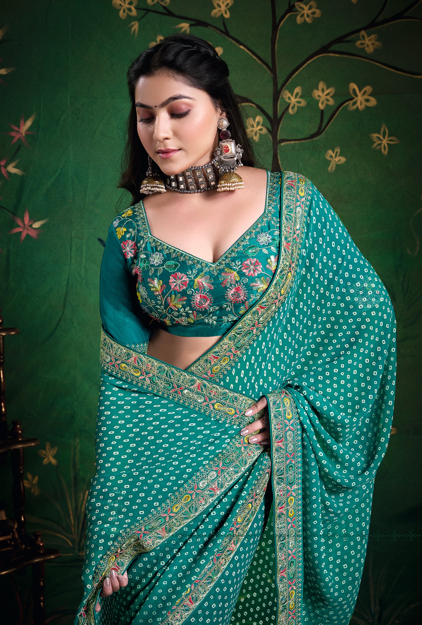 Pure Bamber Georgette Bandhej Saree with Deep Sea Green Combination and Hand Work Multicolored Zardozi Border with Heavy Contrast Embroidered blouse
