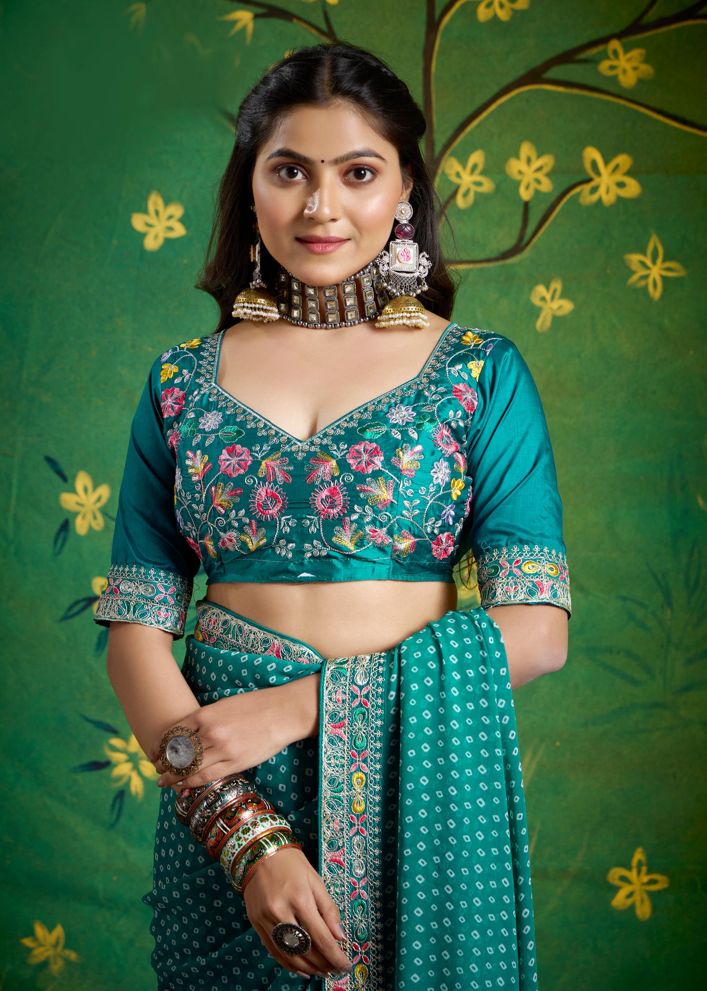 Pure Bamber Georgette Bandhej Saree with Deep Sea Green Combination and Hand Work Multicolored Zardozi Border with Heavy Contrast Embroidered blouse