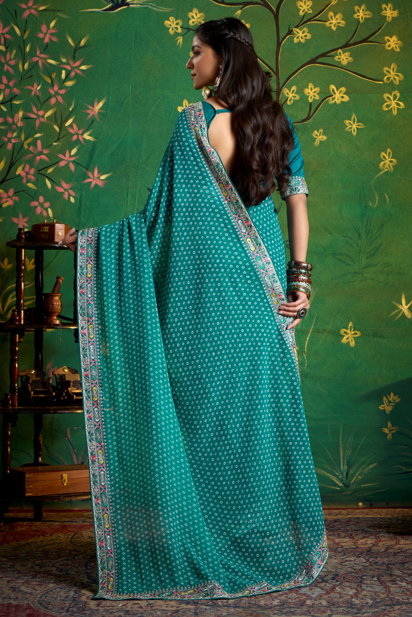 Pure Bamber Georgette Bandhej Saree with Deep Sea Green Combination and Hand Work Multicolored Zardozi Border with Heavy Contrast Embroidered blouse