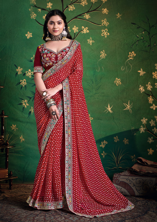 Pure Bamber Georgette Bandhej Saree with Blood Red Combination and Hand Work Multicolored Zardozi Border with Heavy Contrast Embroidered blouse