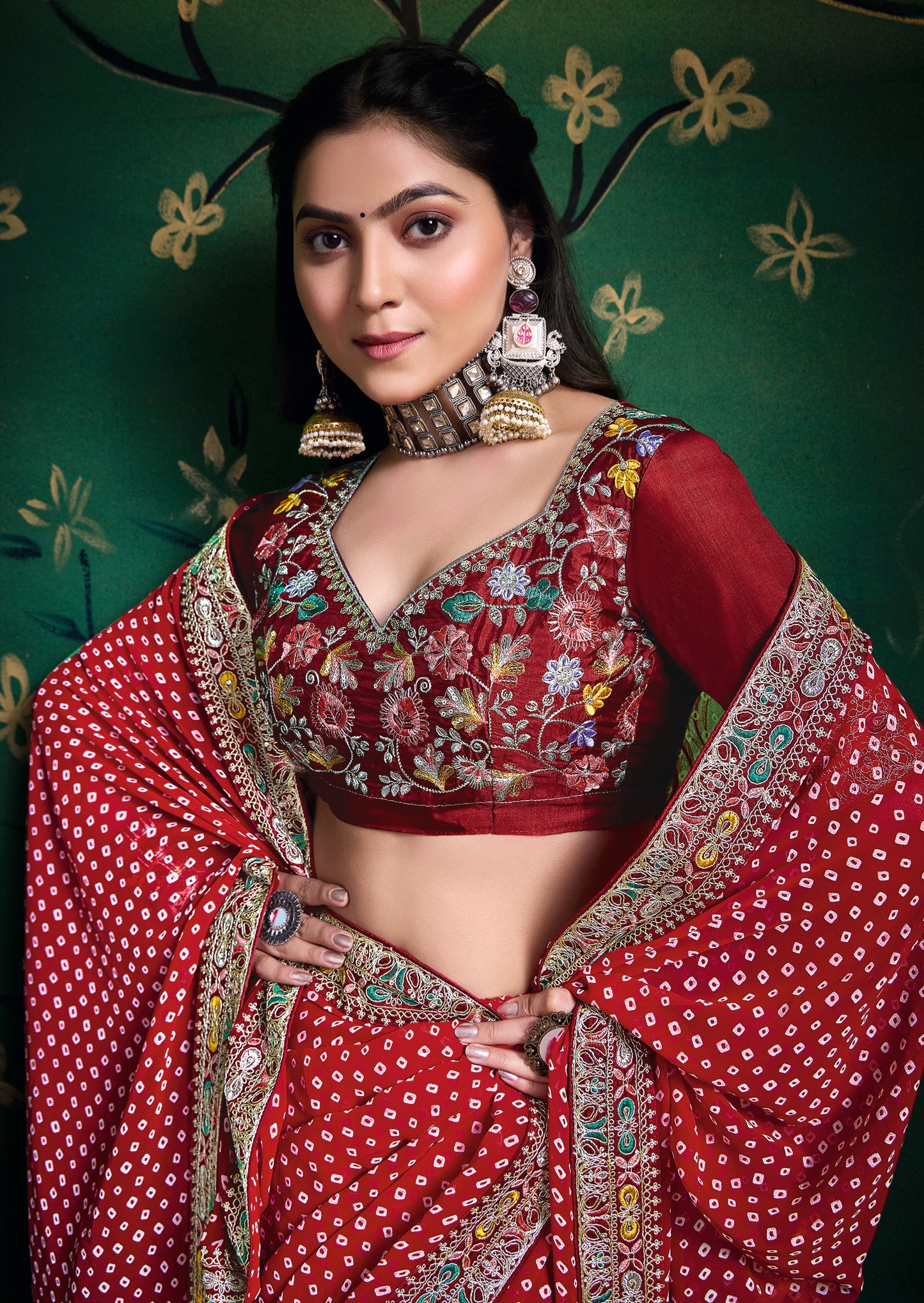 Pure Bamber Georgette Bandhej Saree with Blood Red Combination and Hand Work Multicolored Zardozi Border with Heavy Contrast Embroidered blouse