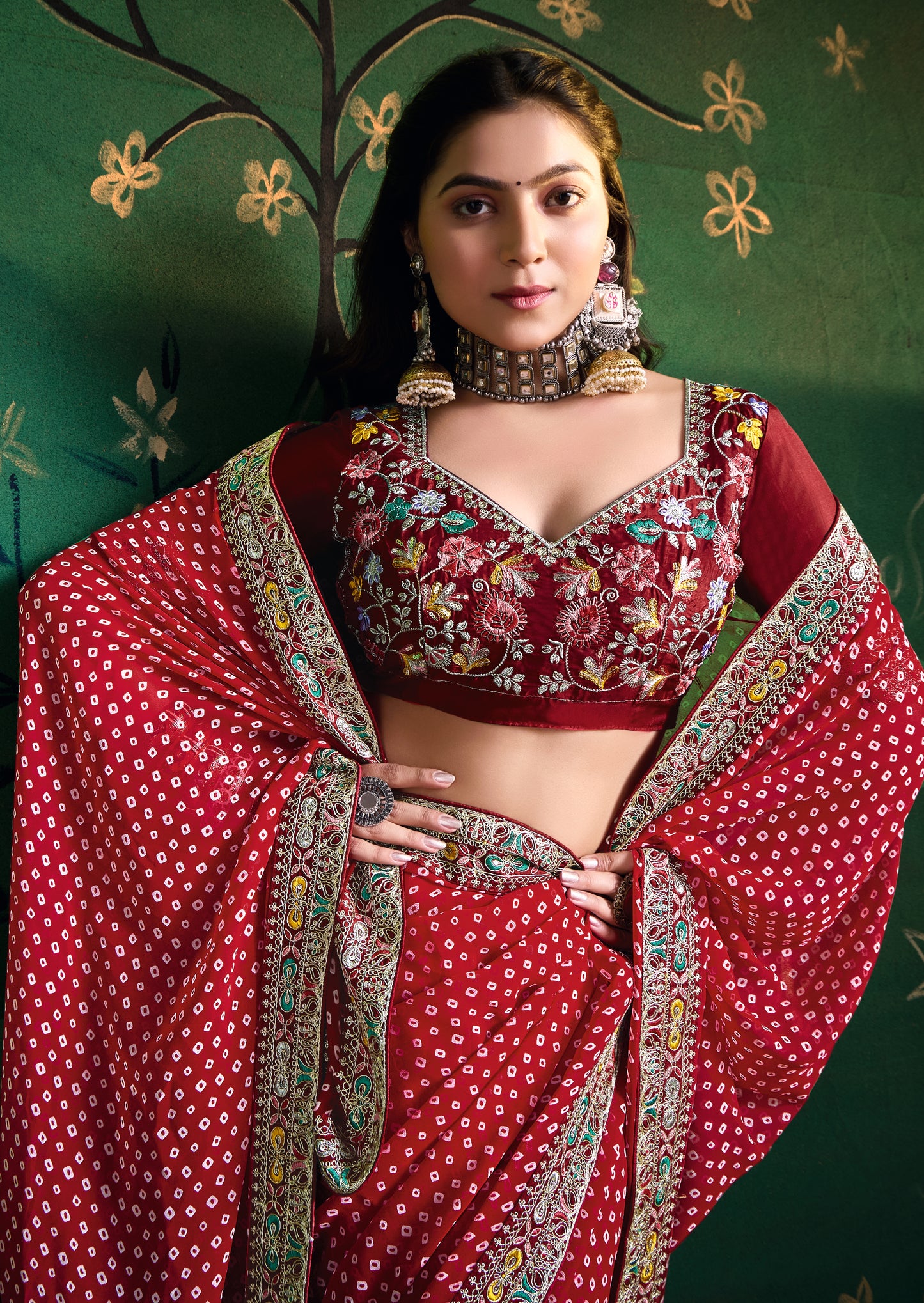 Pure Bamber Georgette Bandhej Saree with Blood Red Combination and Hand Work Multicolored Zardozi Border with Heavy Contrast Embroidered blouse