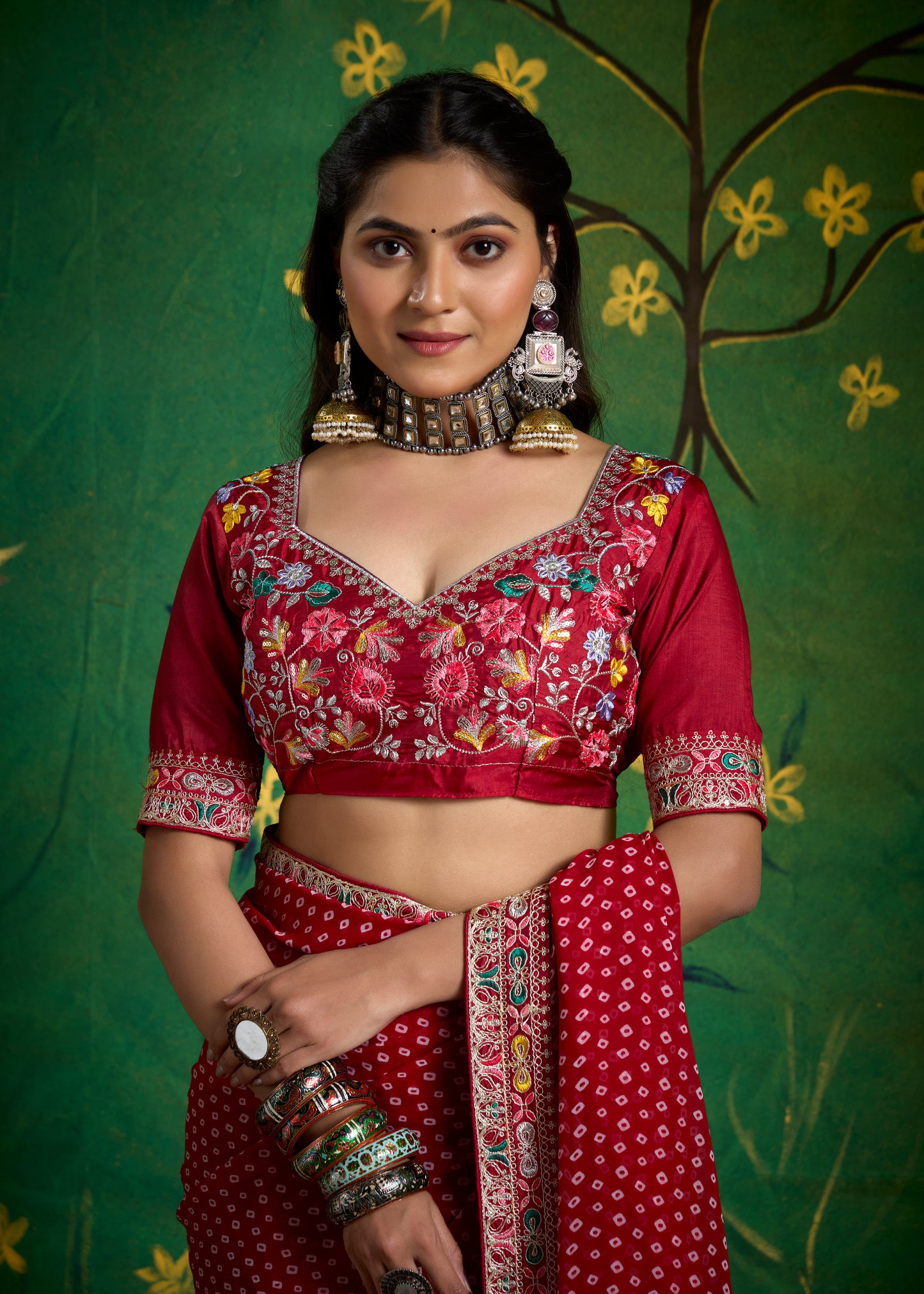 Pure Bamber Georgette Bandhej Saree with Blood Red Combination and Hand Work Multicolored Zardozi Border with Heavy Contrast Embroidered blouse