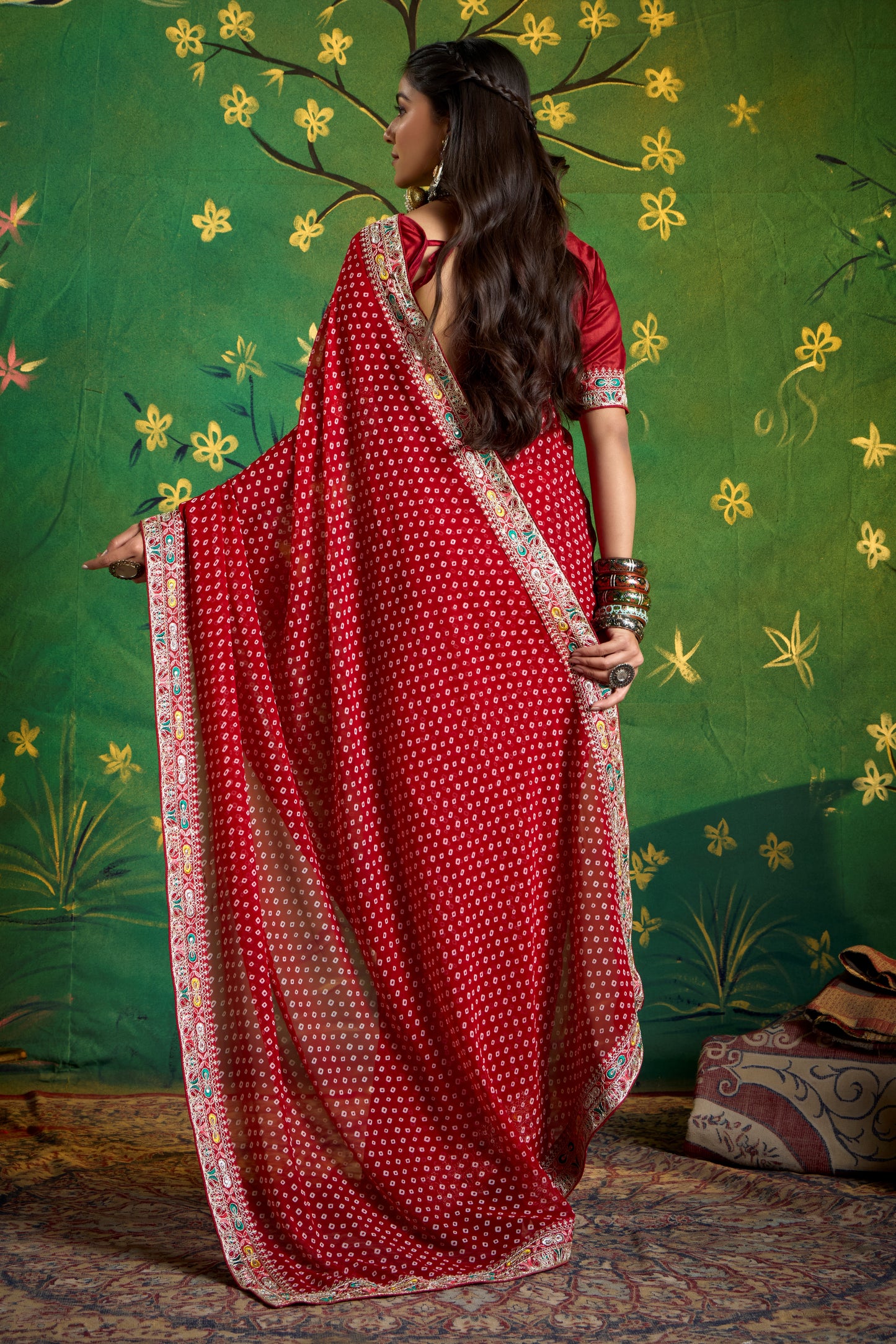 Pure Bamber Georgette Bandhej Saree with Blood Red Combination and Hand Work Multicolored Zardozi Border with Heavy Contrast Embroidered blouse