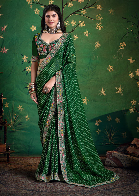 Pure Bamber Georgette Bandhej Saree with Bottle Green Combination and Hand Work Multicolored Zardozi Border with Heavy Contrast Embroidered blouse