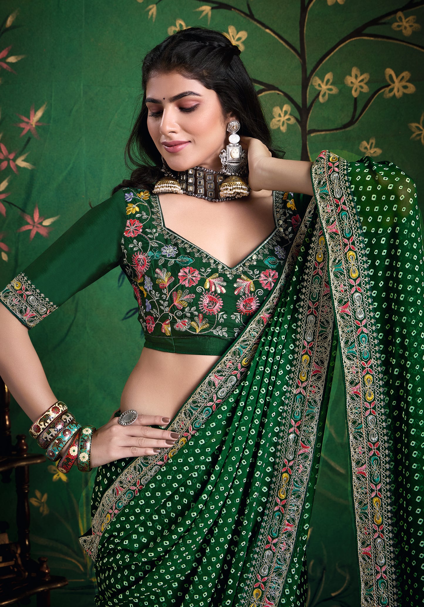 Pure Bamber Georgette Bandhej Saree with Bottle Green Combination and Hand Work Multicolored Zardozi Border with Heavy Contrast Embroidered blouse