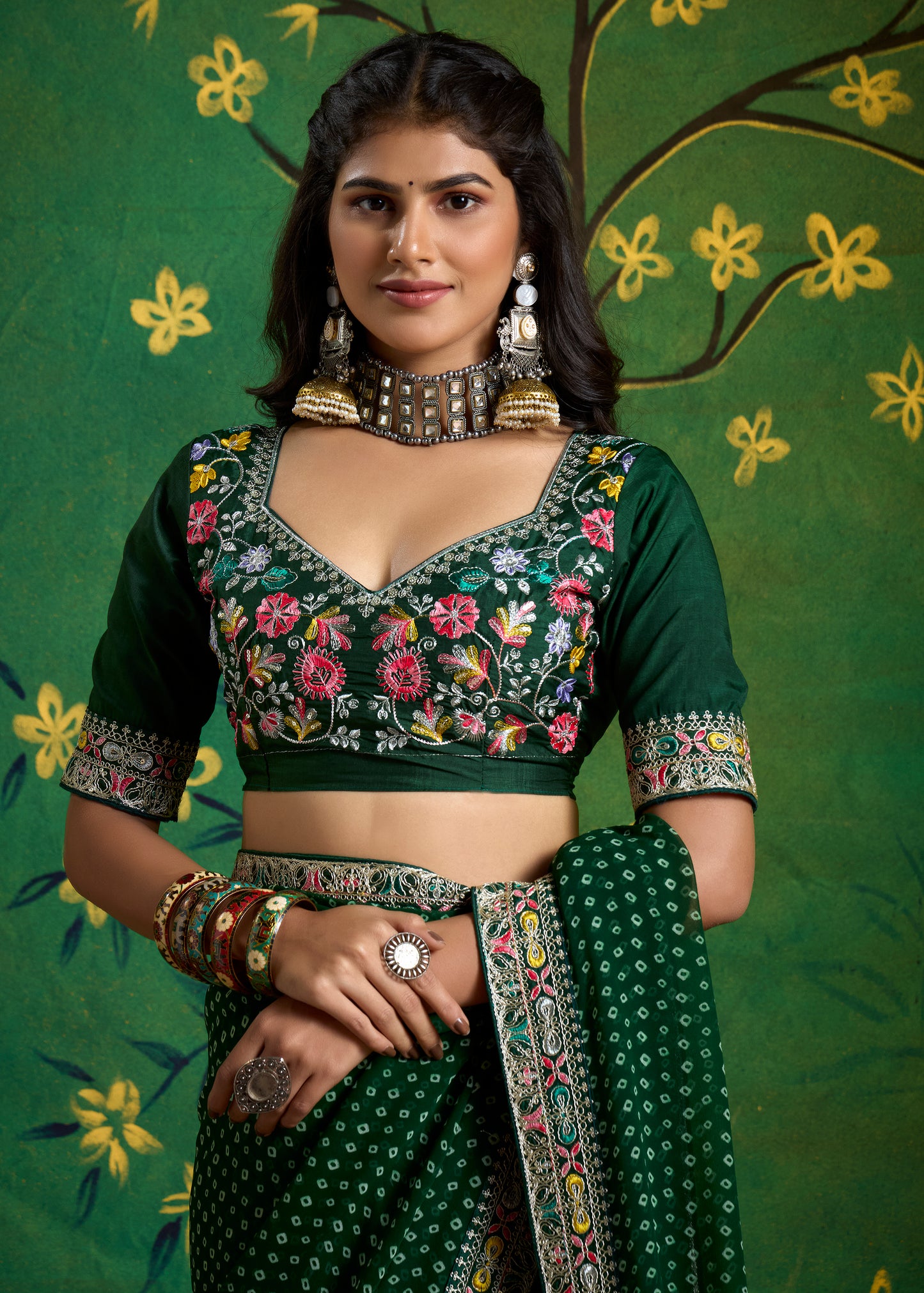 Pure Bamber Georgette Bandhej Saree with Bottle Green Combination and Hand Work Multicolored Zardozi Border with Heavy Contrast Embroidered blouse