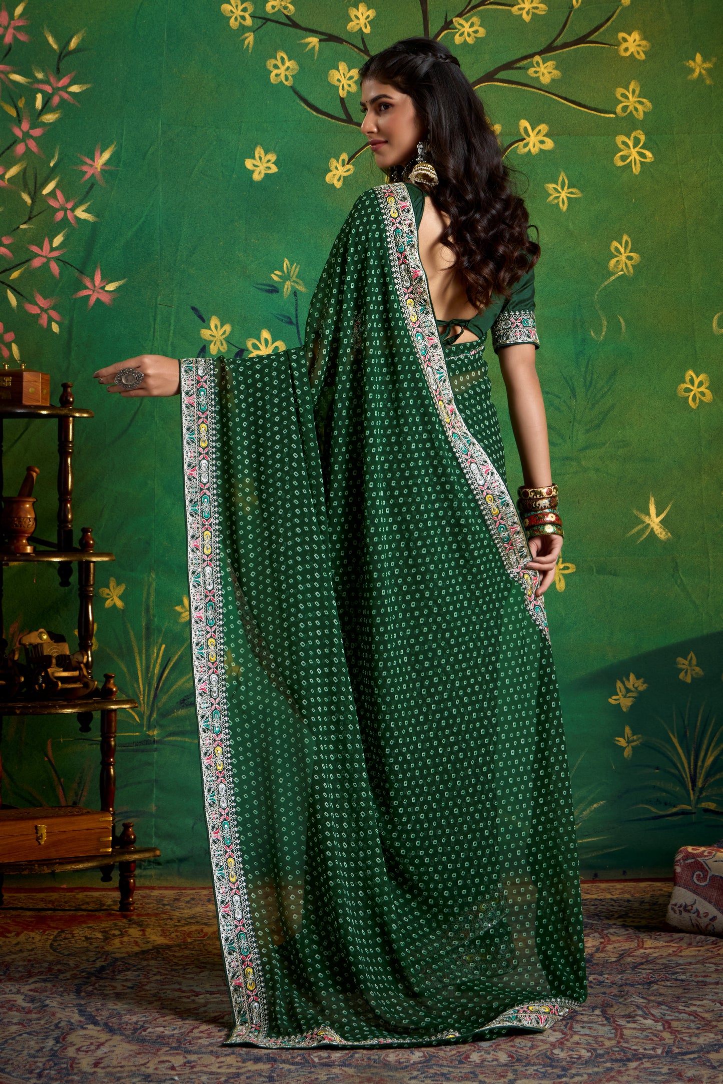 Pure Bamber Georgette Bandhej Saree with Bottle Green Combination and Hand Work Multicolored Zardozi Border with Heavy Contrast Embroidered blouse