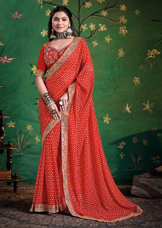Pure Bamber Georgette Bandhej Saree with Sinduri Red Combination and Hand Work Multicolored Zardozi Border with Heavy Contrast Embroidered blouse