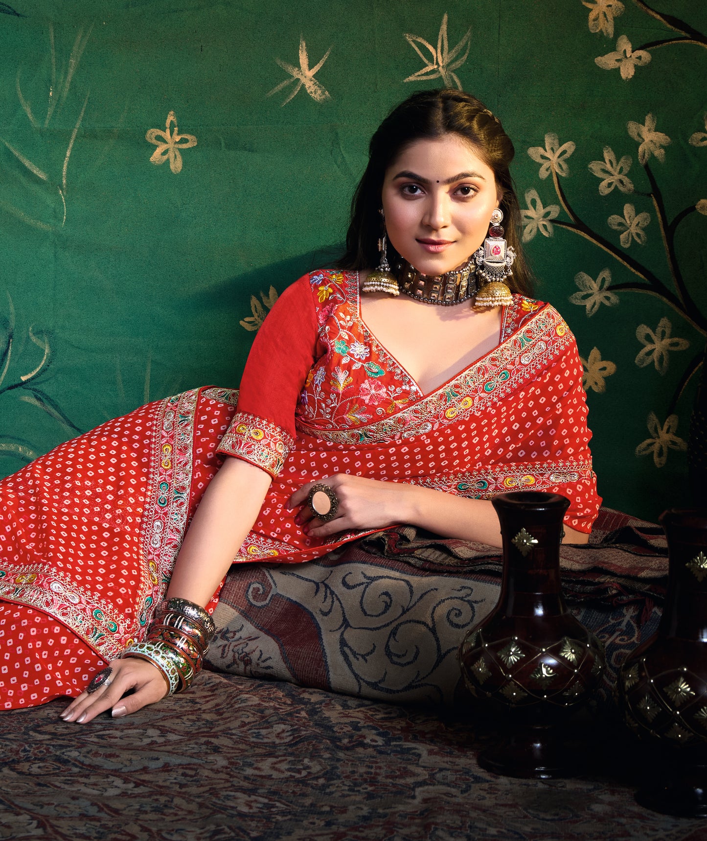 Pure Bamber Georgette Bandhej Saree with Sinduri Red Combination and Hand Work Multicolored Zardozi Border with Heavy Contrast Embroidered blouse
