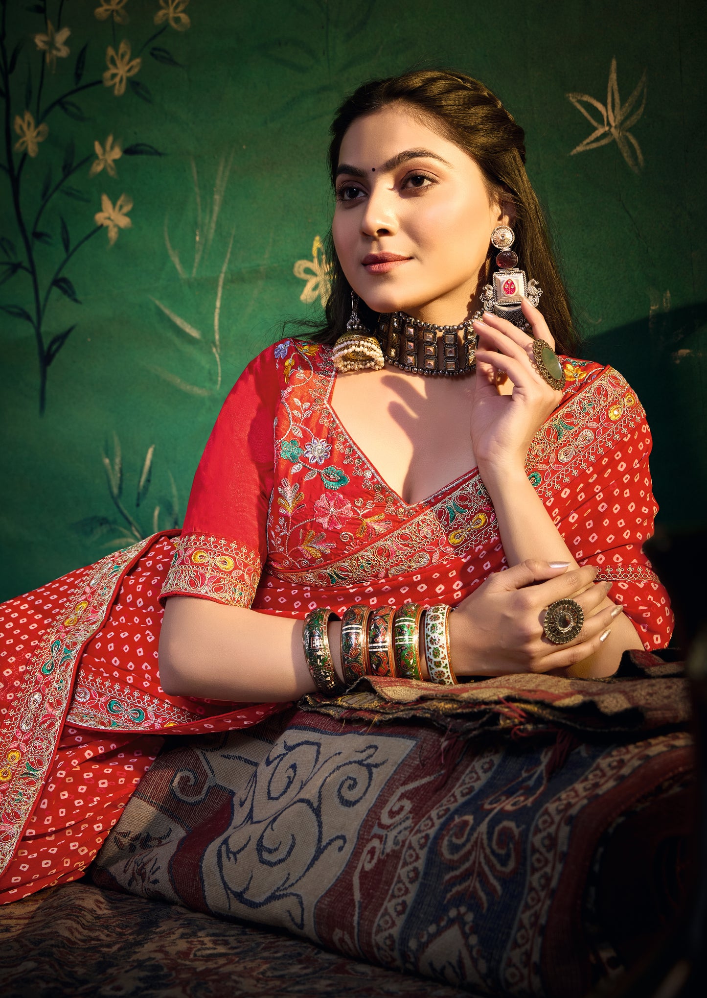 Pure Bamber Georgette Bandhej Saree with Sinduri Red Combination and Hand Work Multicolored Zardozi Border with Heavy Contrast Embroidered blouse