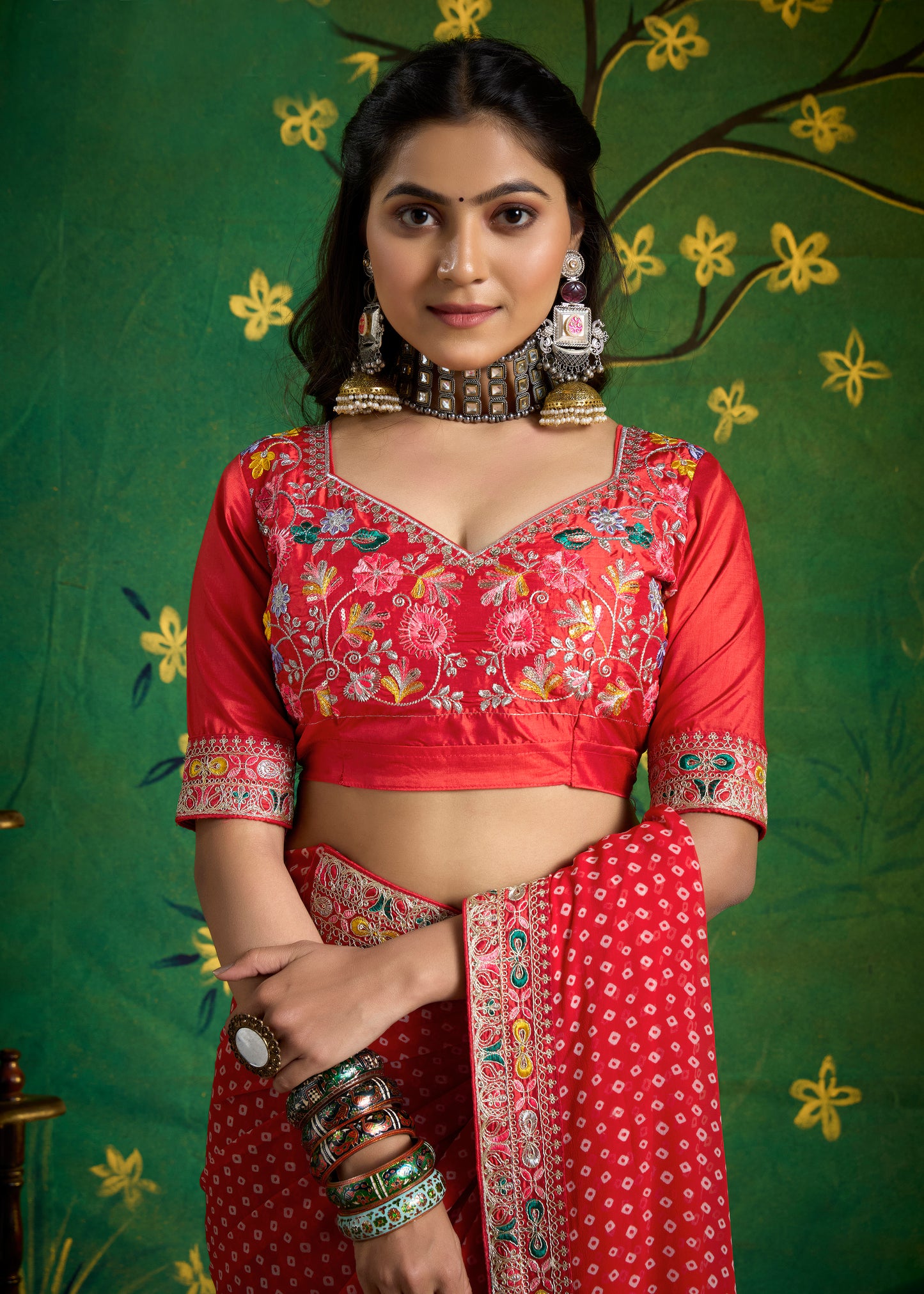 Pure Bamber Georgette Bandhej Saree with Sinduri Red Combination and Hand Work Multicolored Zardozi Border with Heavy Contrast Embroidered blouse