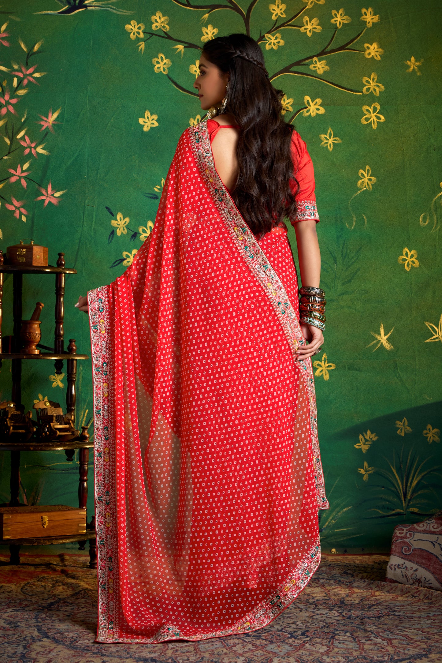 Pure Bamber Georgette Bandhej Saree with Sinduri Red Combination and Hand Work Multicolored Zardozi Border with Heavy Contrast Embroidered blouse