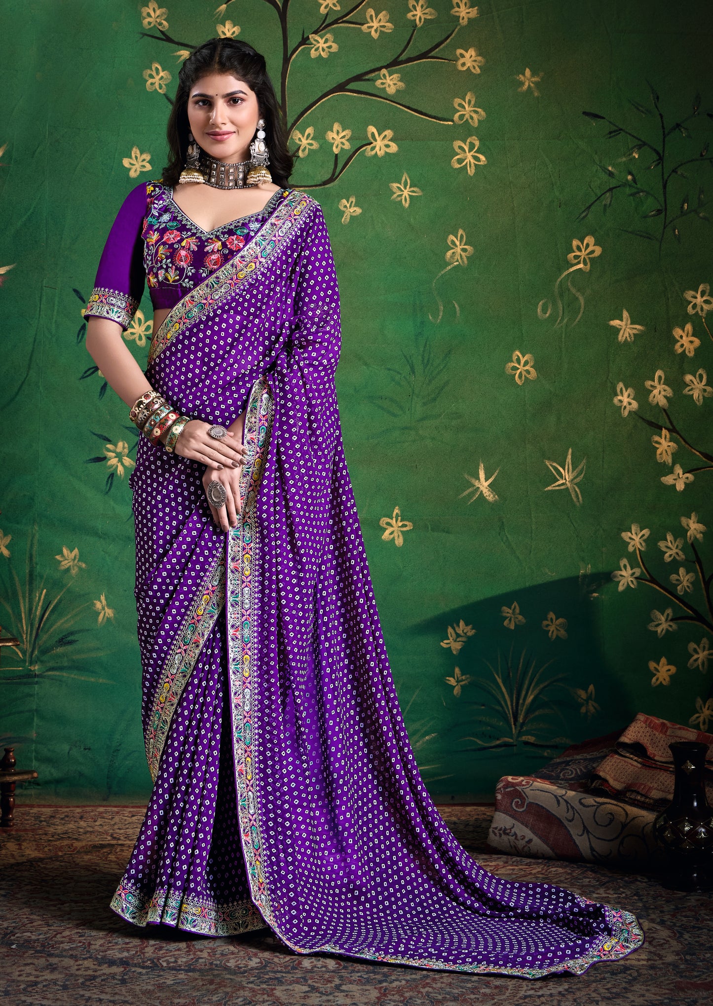 Pure Bamber Georgette Bandhej Saree with Bright Indigo Combination and Hand Work Multicolored Zardozi Border with Heavy Contrast Embroidered blouse